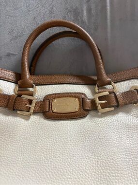 Michael Kors Cream and Brown Leather Satchel with Gold Hardware